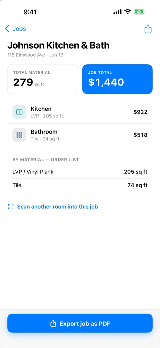 FloorSnap multi-room job bid with PDF export