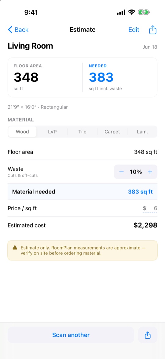 FloorSnap room estimate with material and waste